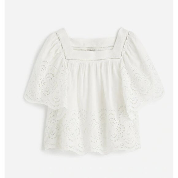 Madewell Womens Flutter-Sleeve Blouse White Sz XS Flowy Feminine Embroidered Top - Picture 2 of 15